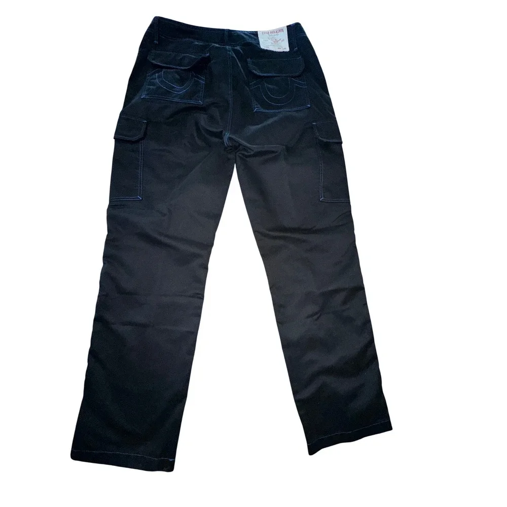 True Religion Mens Black Cargo Pants Blue Contrast Stitch Straight Leg Size 34